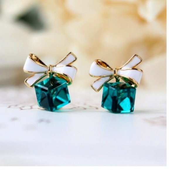 Green or Blue CZ Gold Bowed Package Earrings - Picture 4 of 4